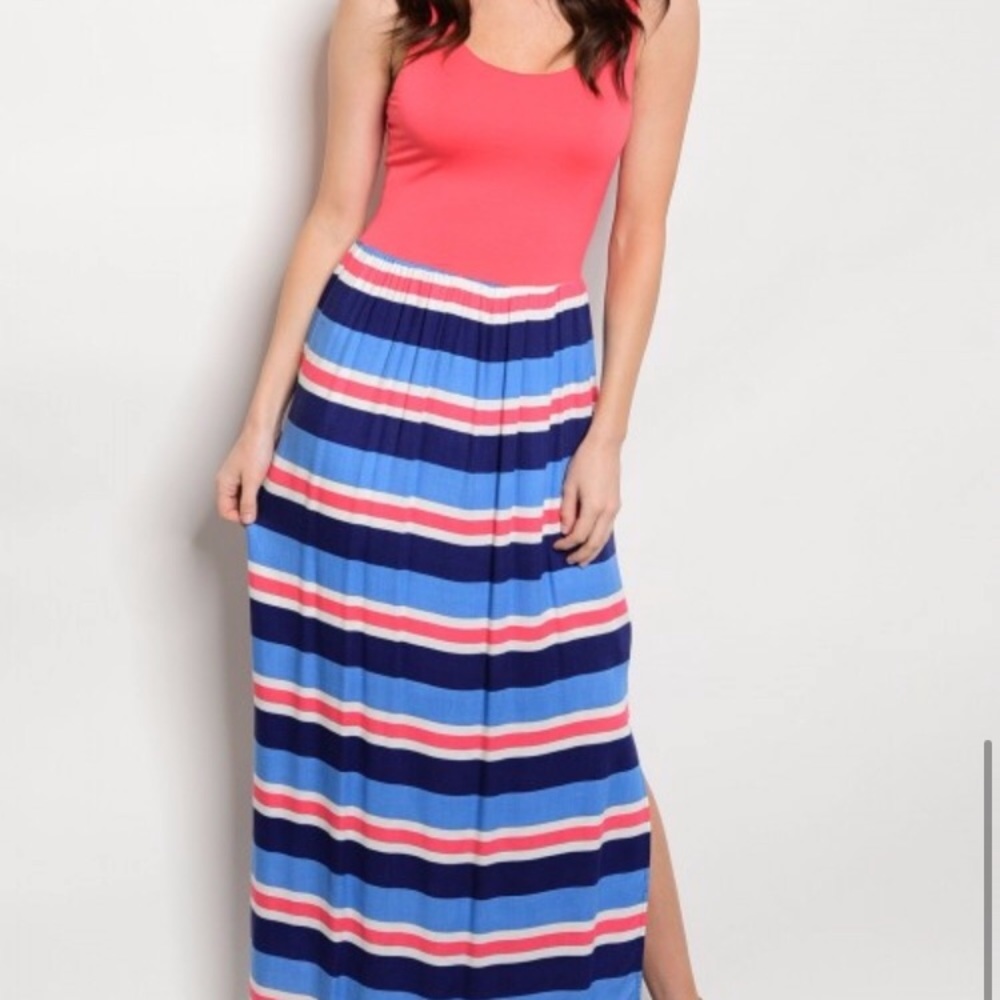 Coral Blue White Striped Maxi Dress